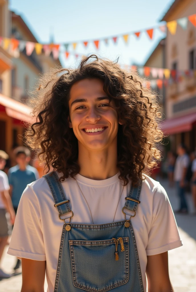 Raise an 18 year old man, fair-skinned, long curly hair and curly bangs, eyes black, Mexican and smiling