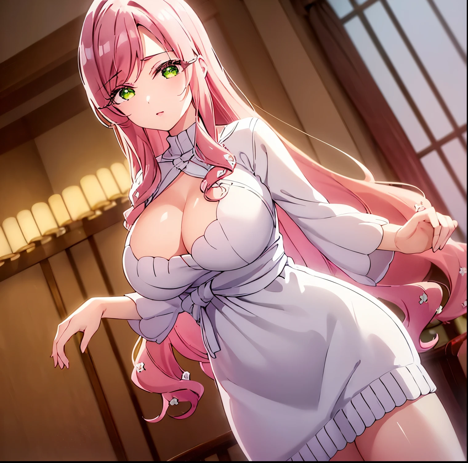 ((1girl)),((alone)), Hahari Hanazono,(masterpiece), (best quality), (ultra detailed), (best illustration), (best shadow), (absurdities), sharp focus, cowboy shot ,atmospheric perspective, depth of field, dynamic posture looking at the viewer, large breasts, narrow waist, wide hips, wide thighs, round butt, erotic, romantic, (very detailed eyes, lips 1.1), very detailed eyes, eyes, very face detailed, Very beautiful face, Symmetrical face, Aesthetic face, perfect face, perfect eyes, detailed eyelashes: 1.5), full height, beautiful slim figure, femininity, expressive appearance, elastic big breasts, sexuality,(green eyes: 1.2), hair pink, flower, hair flower, ribbed sweater, (white sweater dress: 1.5), bare arms, green eyes, bare legs ,curves, defined body,Perfect and beautiful body, perfect and beautiful, closed mouth, neutral expression, serious face, blushing, (sexy pose: 1.2), ((solo)), standing: 1.3,((Japanese-style house, mansion , interior, light reflection, bedroom, room, bed, window, cityscape, city lights, night)), looking forward, ((focus on hips)), point of view: (from middle), anatomy perfect, perfect hands