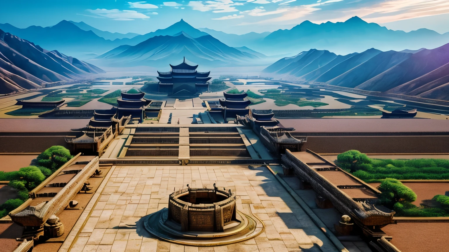 A breathtaking panorama that seamlessly blends mythical and real elements, Introducing (((ancient city of Xia Dynasty))) at its center, Surrounded by [legendary figures] and supernatural phenomena, evoking its mystical nature. Rendered in a dreamlike and ethereal style.