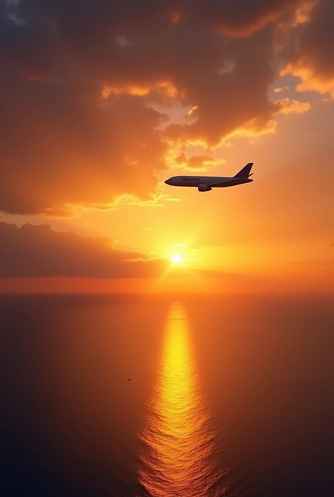 The sun setting in.me to the ocean and a plane flying over in front
