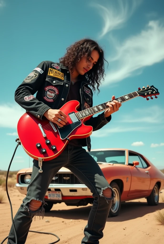 Young mexican metalhead playing red telecaster in the desert whit a ford maverick 1977