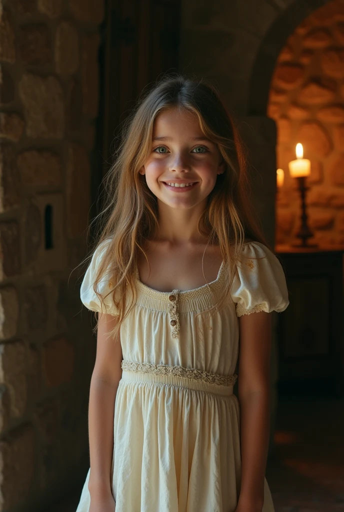 1 girl, Alone, emerald eyes, short sleep dress, medieval costume, smile, risa, in the context of a room, looking at the viewer, longitud total, urine, dripping, dripping, mancha de urine, urine en la ropa, pee