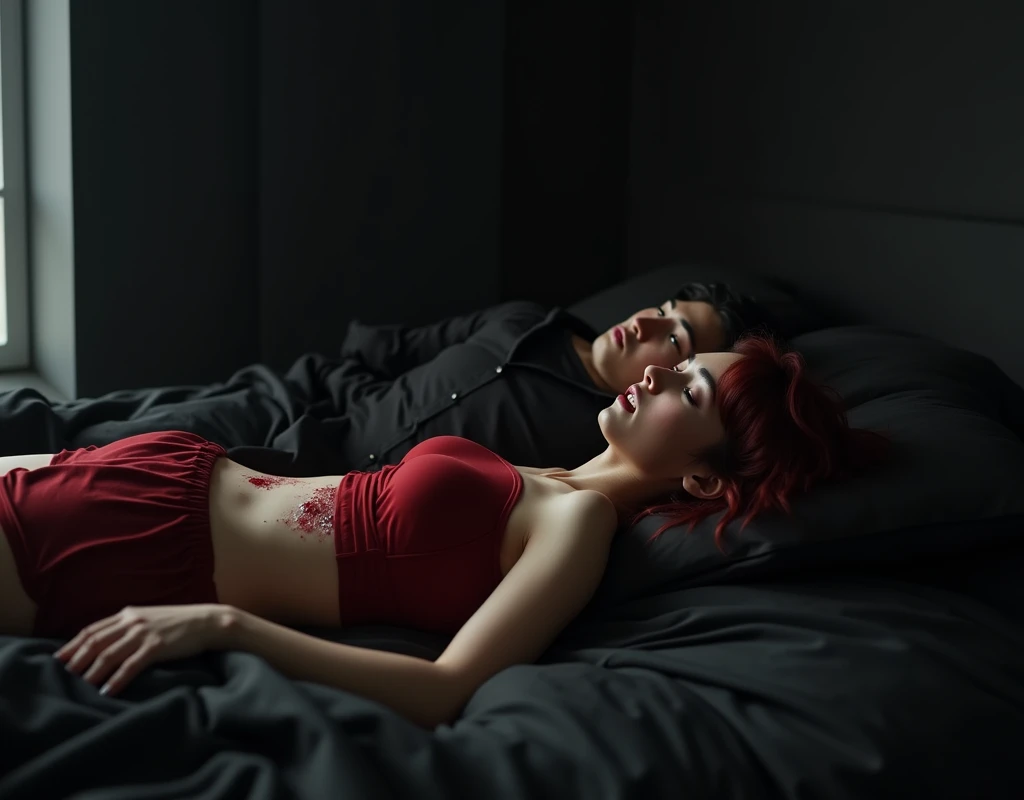 Small pale-skinned woman, lying on back against pillow, black bed, open bleeding bite wound rib cage, vibrant maroon hair, angry expression, vibrant maroon side-parted wavy medium-length hair, light skin, red midriff top, matching shorts, 190 cm tall, young man with black bowl cut, side-swept bangs, Chinese-Korean-Japanese features, black shirt, business vest, black pants, laying on other side of bed, exhausted expression, minimalistic black and grey bedroom, dark lighting, photorealistic, cinematic.