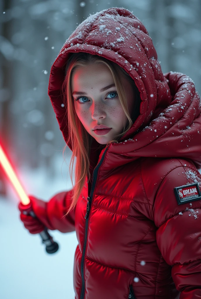 a slim ponytail 16 year old sith wielding her bright lightsaber battling her jedi nemesis in the snow,beautiful detailed eyes,beautiful freckles,beautiful detailed lips,extremely detailed eyes and face,longeyelashes, wearing beautiful detailed skintight airtight hood covering her head formfitting duvetica overfilled shiny super gleamy thick glossy puffervest covering over her padded high-collared pufferjacket, glossy latex leggings,symmetrical,masterpiece,cinematic,lifelike,hyperrealistic,8k,photorealistic,highly detailed,intricate,exquisite,elegant,beautiful,stunning