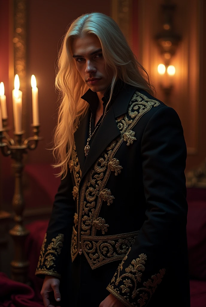 1 person, handsome, A portrait of Alucard's upper body, wearing a courtly costume in a bedroom-gothic room., candle, I look at the viewer, Low light, Dark, Horror \(Topic\), realistic, Long blonde,  