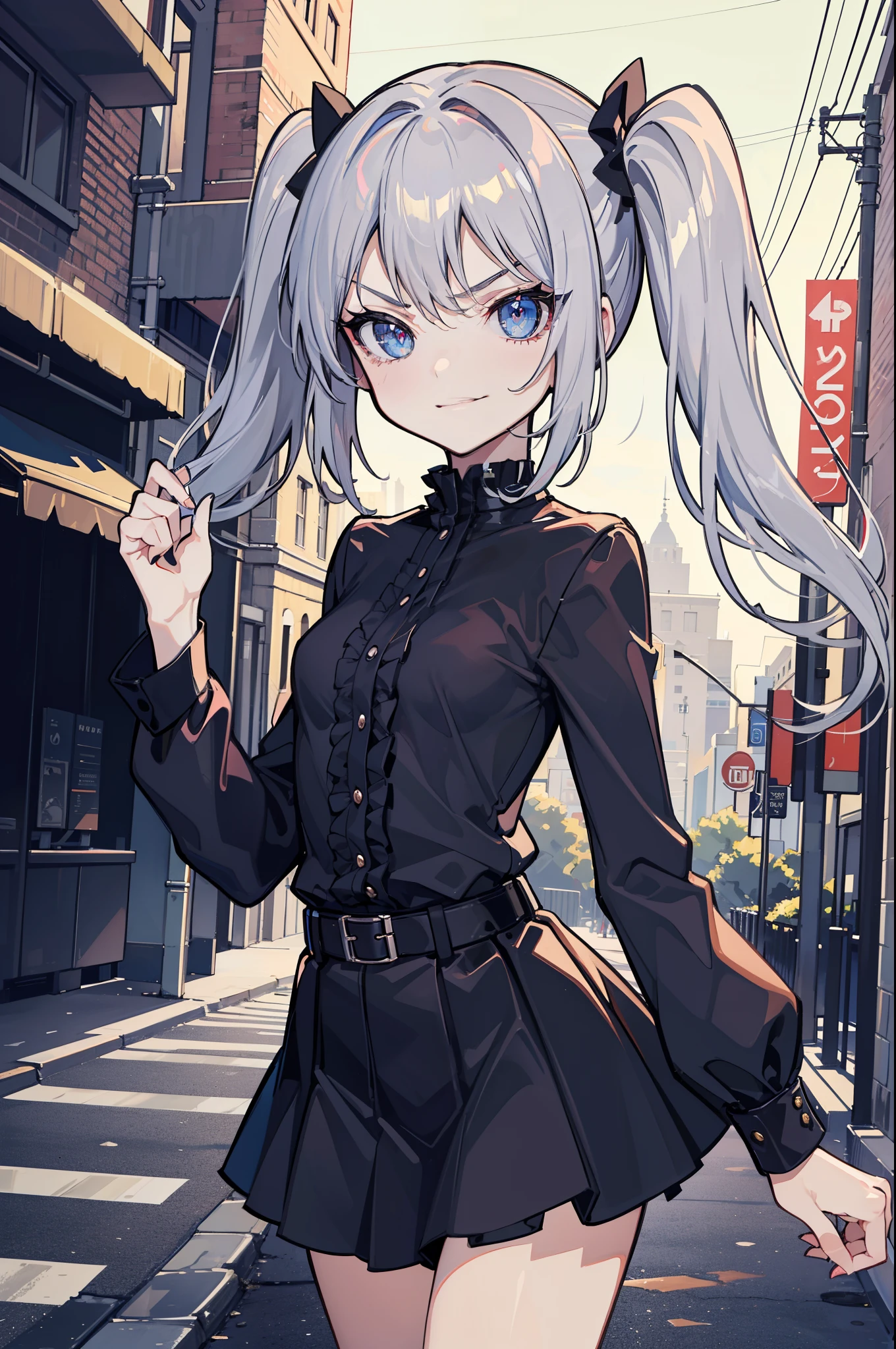 (best quality:1.2), (highest quality:1.2), (perfection:1.1), (flawless:1.1), urban street, 1girl, crazy girl, (serious look, dark look, dominant look:1.2), (evil smirk:1.1), short height, blouse, short skirt, twin tails hair, small breasts, (best quality eyes:1.1), highly detailed, 8k, best quality resolution, (most beautiful upscale:1.1)