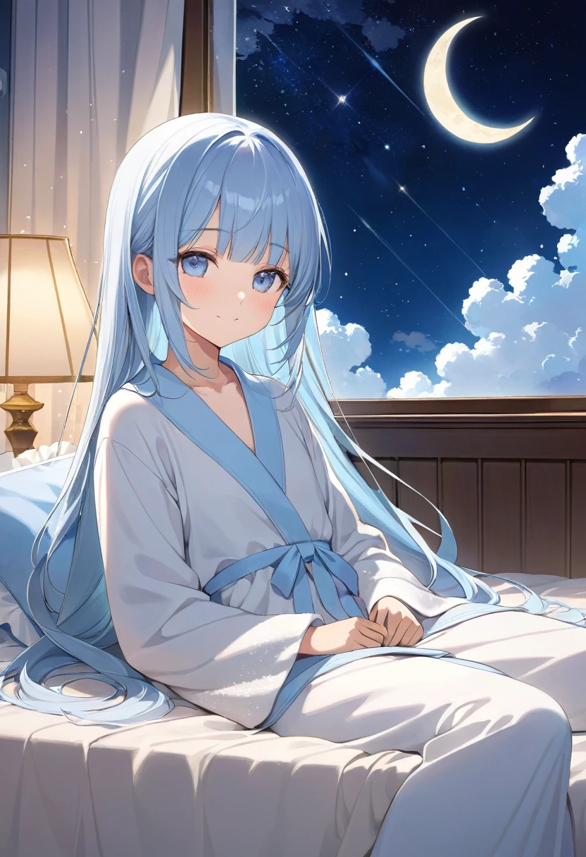 masterpiece, best quality, extremely detailed, (illustration, official art:1.1), 1 girl ,(((( light blue long hair)))), ,(((( light blue long hair)))),light blue hair,, long hair ((blush)) , cute face, , masterpiece, best quality,(((((a very delicate and beautiful girl))))),Amazing,beautiful detailed eyes,blunt bangs((((little delicate girl)))),tareme(true beautiful:1.2), sense of depth,dynamic angle,,,, affectionate smile, (true beautiful:1.2),,(tiny 1girl model:1.2),)(flat chest), complex background, wishing star background, a magical scene with shining stars and dreamlike elements, conveying the idea that the magic of Christmas awakens sleeping dreams. Make sure the elements give a dreamy feel. in bed, There are a lot of pillows, dreamy, comfortable, night time, crescent moon, Quiet nights,Comfortable beds,Cosy bedroom,Serene expression,Lightweight dressing gown,gentlesoftlighting,dreamlike scenes,Cloud-like pillows,Starry curtain, portrait、 ☁🌙, ,Embryo,Sleep comfortably, Sleeping Girl,nightcore, Anime girl sleeping with cat in clouds with stars,
,pure sleep, (wide shot, white background