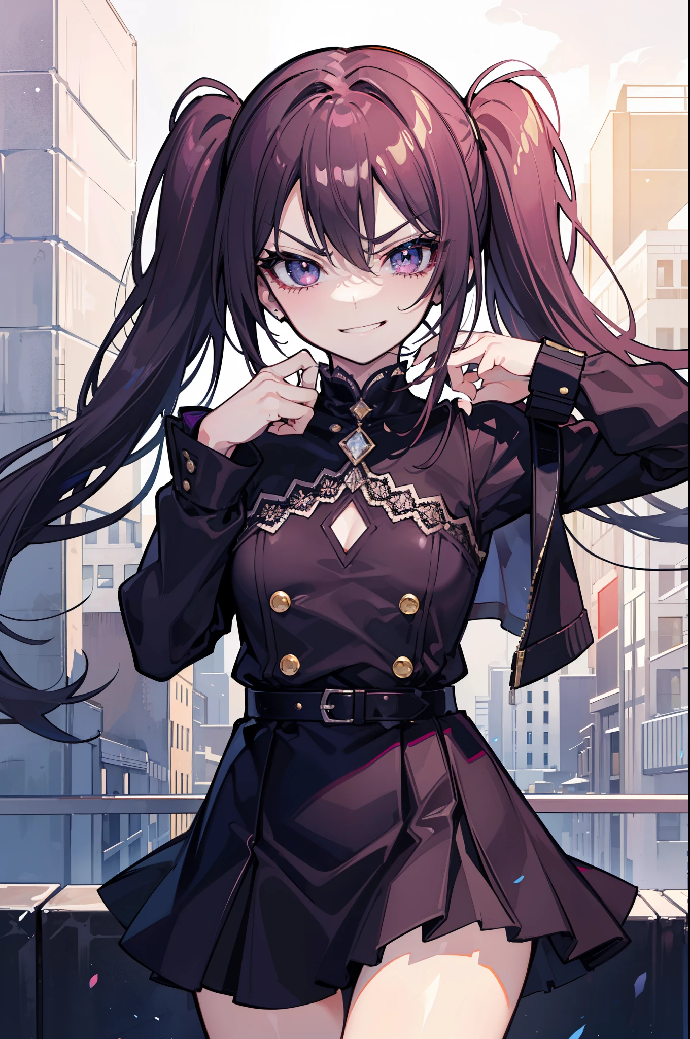 (best quality:1.2), (highest quality:1.2), (perfection:1.1), (flawless:1.1), urban street, 1girl, crazy girl, (serious look, dark look, dominant look:1.2), (evil smirk:1.1), short height, blouse, short skirt, twin tails hair, small breasts, (best quality eyes:1.1), highly detailed, 8k, best quality resolution, (most beautiful upscale:1.1)