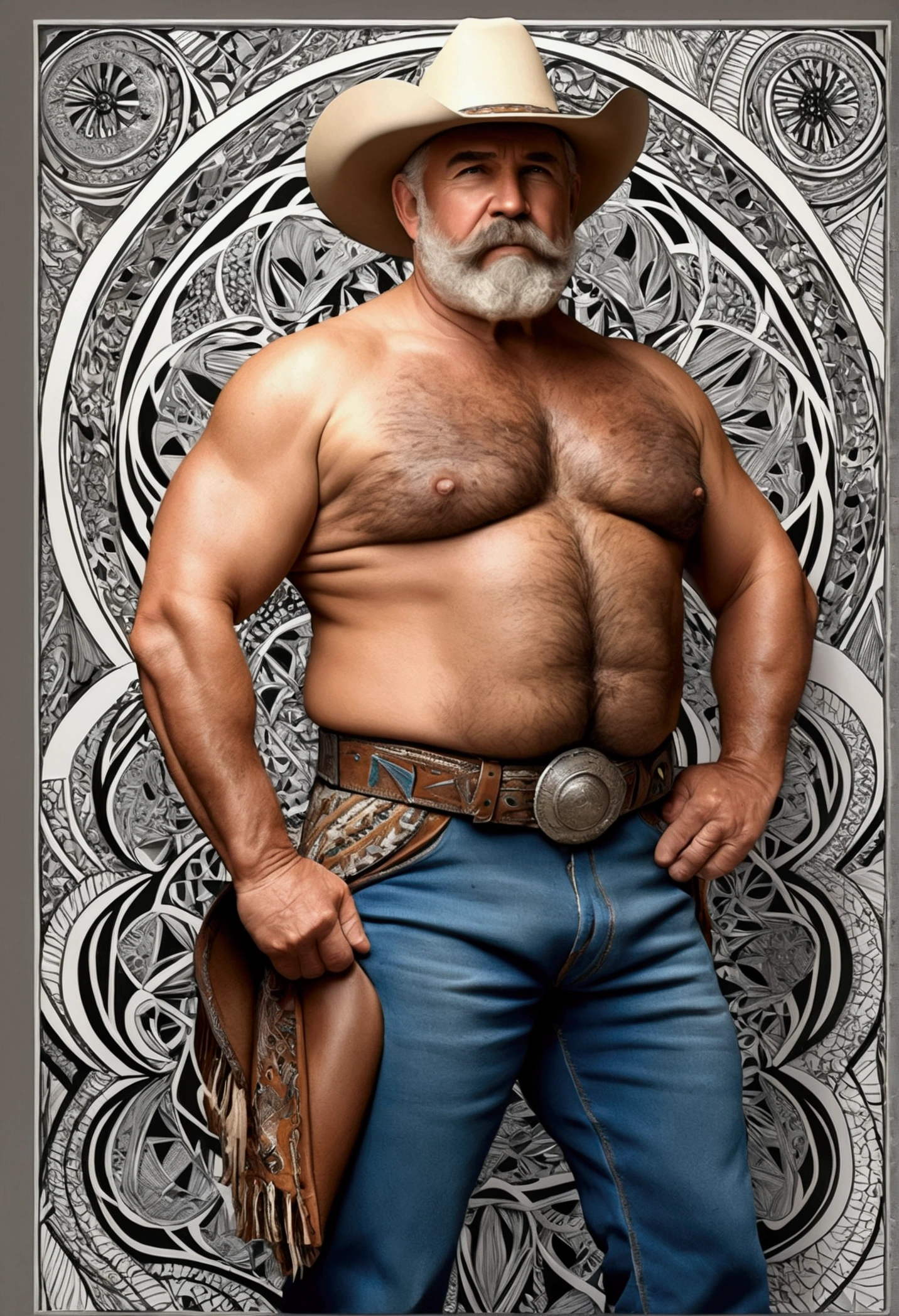 old stocky 60 year old muscular but chubby hairy cowboy, short gray beard, bushy gray chest hair and fat belly, big strong hairy arms and strong legs, bare buttocks, boots, untwisting lasso above himself, full length side view, wild west decoration,((masterpiece:1.2, best quality)), ultra detailed, Ultra-precise depiction, Ultra-detailed depiction, (zentangle:1.2), (dynamic pose), (abstract background:1.5),