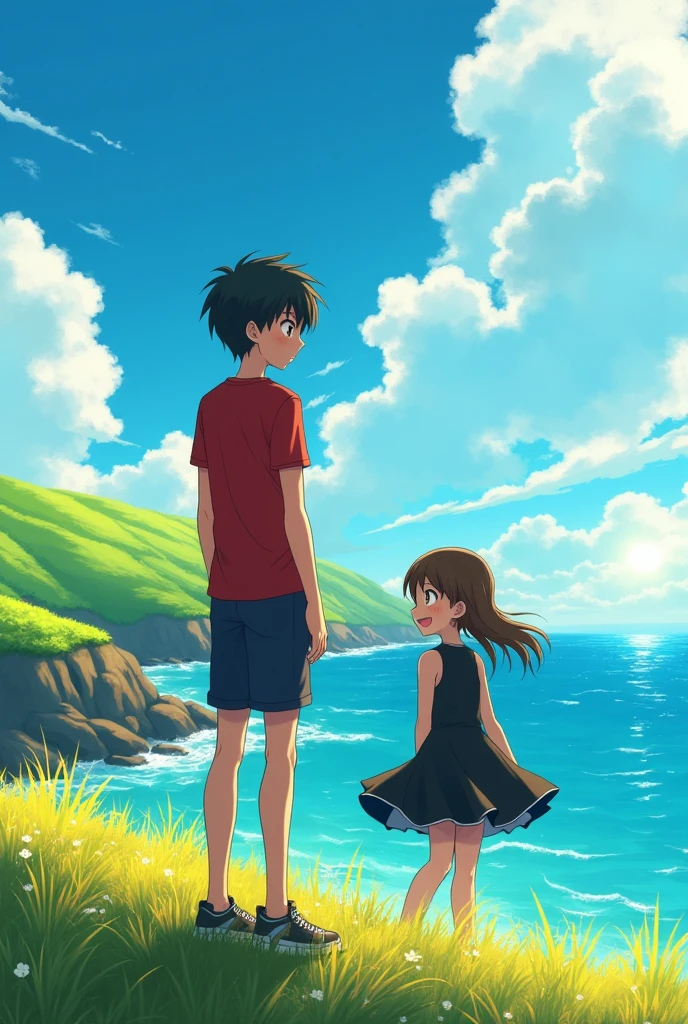 A anime 26year  boy wire a red tshirt short hair full fade and girl 18 year wire a black dress. Boy miss him verry mouch.but girl dont care he emjoy his life.background is sea or hill