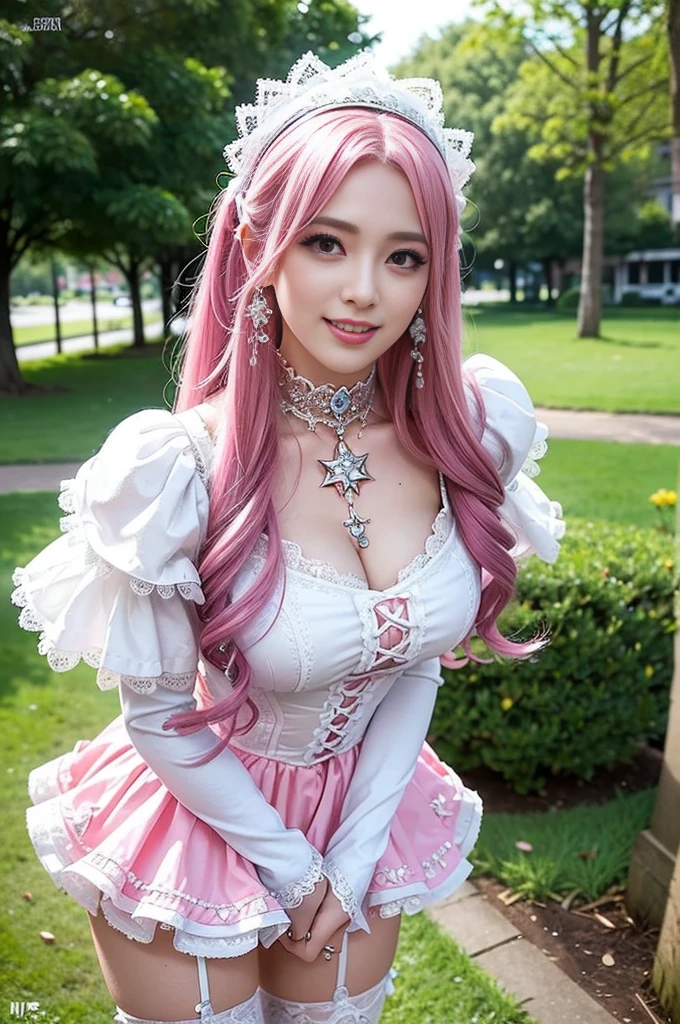 (nsfw), sexy stylish Swedish model, only 1 female, ((doll-like appearance)), short neon pink stylish hair, ((shiny Victorian-Style boots)), (big smile), ultra detailed eyes, vivid eye makeup, lip-gloss, long lashes, defined eyebrows, ((sexy Paradise Kiss cosplay)), bell-shaped skirt, petticoats, high neckline, puffed sleeves, ((ultra detailed lace)), ((ultra detailed embroidery)), intricate details, Paradise Kiss accessoires and matching headpiece, choker, ((large sparkling Paradise Kiss jewelry)), cinematic light, detailed large park background with trees