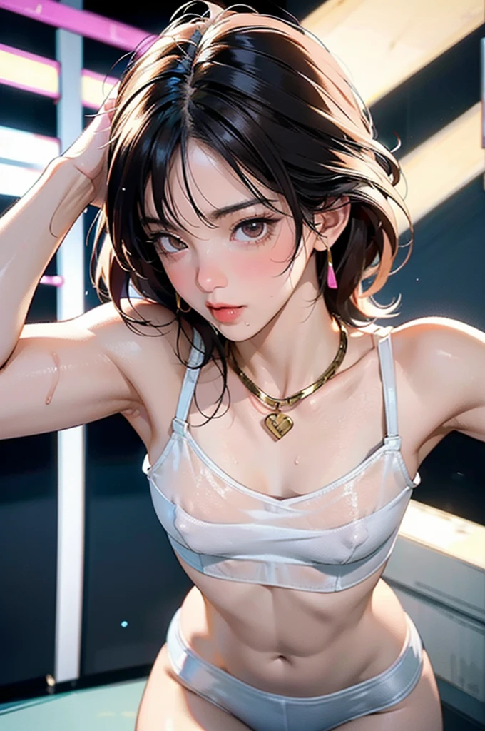 An ultra-detailed full-body illustration, style of 1980s Japanese comics, 8k resolutions, looking into camera, , sidefetallio. 1girl, solo, Sharp Focus, slender leg, Characterize by alluring, The character is Wee BNK48, Perfect Figure with pale skin and a slender physique, small brehe soaking wet, Her body is covered in thick sticky cum. She iunching an opponent in the boxing ring. A metal dog collar with a large gold leash around her neck, wearing mesh crop-top with no bra, white sheer t-back bikini with no pant, that accentuates her pubic hair, black open-finger boxing gloves, and sneakers, bra comes off, nipples, highreast, wet clothes,ody. The scene is vibrant with retro colors and dynamic lines, capturing the intensity of her workout while blending a sporty, fashionable, and retro aesthetic. extremely detailed face, perfect lighting, extremely detailed CG, (perfect hands,)