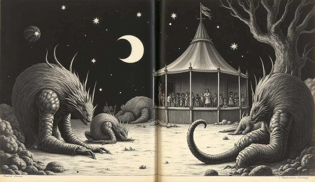 "Something Wicked This Way Comes, 1962", Ray Bradbury's fantastical science fiction novel, A masterpiece of children's fantasy science fiction, A lyrical description of a night, spent by a group of boys at a strange circus, where monstrous creatures gather., illustrations, Engravings, Etchings,