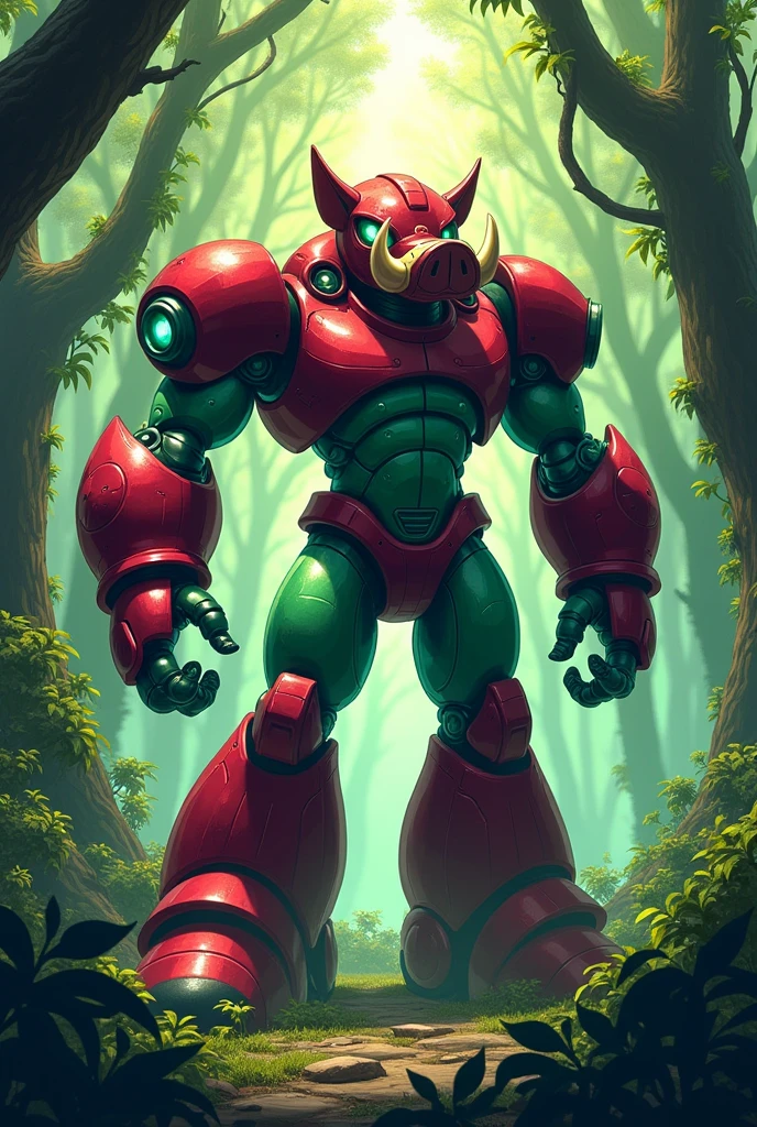 MegaMan X style humanoid boar, marrom e Verde, fully body, 4K, cyber, dense forest background, laser boar power traps. robot head