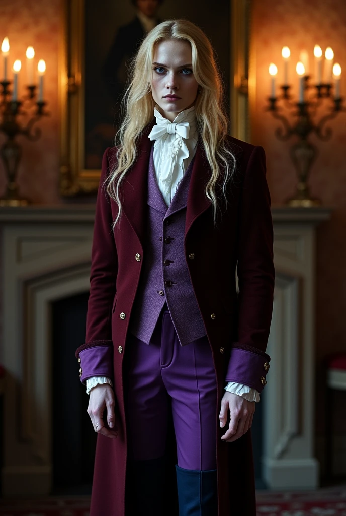 Pale and tall man, Appears to be 30-35 years old. It's been a long time (to the waist) With light blond hair with a golden tint, Thin gray-blue eyes with dark purple eyeshadow and noticeably high cheekbones. His clothes are in Victorian style, old, Long dark burgundy jacket with lavender lining and gold pins on the folded cuffs. Under his jacket he has a purple vest over a white ruffled shirt, Wearing classic purple trousers, In dark blue knee-high boots and gloves of the same color.