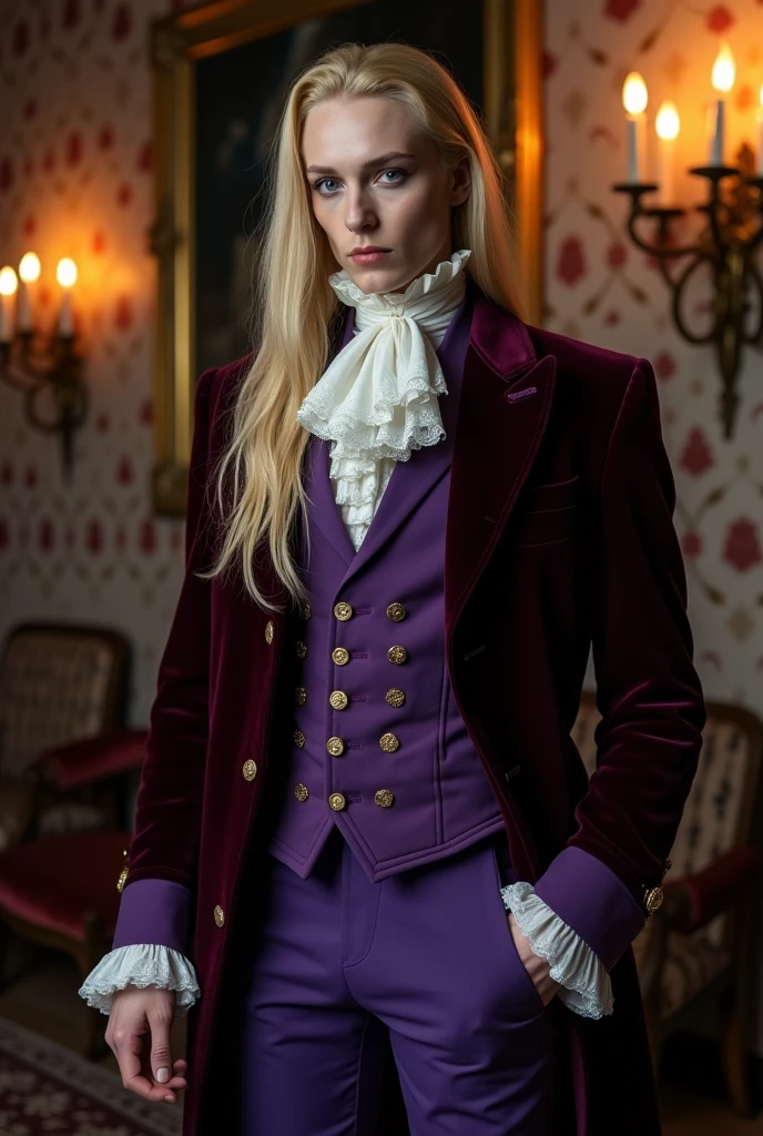 Pale and tall man, Appears to be 30-35 years old. It's been a long time (to the waist) With light blond hair with a golden tint, Thin gray-blue eyes with dark purple eyeshadow and noticeably high cheekbones. His clothes are in Victorian style, old, Long dark burgundy jacket with lavender lining and gold pins on the folded cuffs. Under his jacket he has a purple vest over a white ruffled shirt, Wearing classic purple trousers, In dark blue knee-high boots and gloves of the same color.