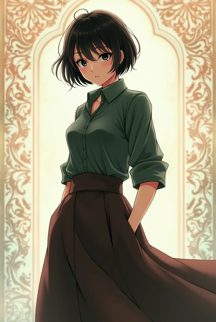 Adult woman, not smiling, serious face, beautiful, beautiful body, Very short black hair, black eyes, dark green shirt, dark brown long skirt, anime art, masterpiece, realistically, anime art, masterpiece, realistically