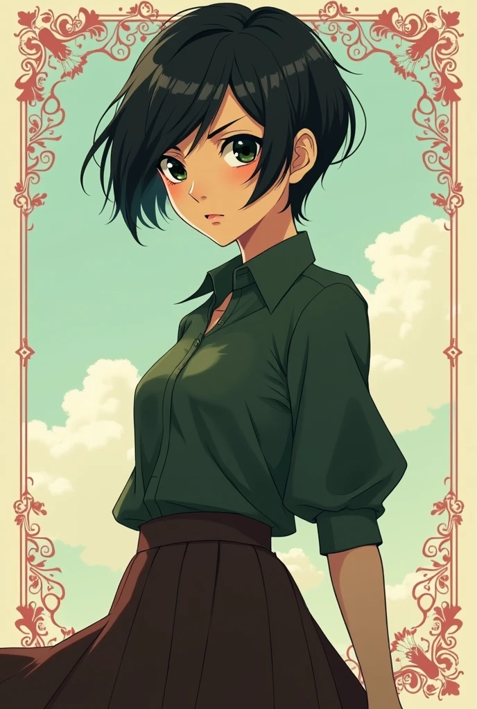 Adult woman, not smiling, serious face, beautiful, beautiful body, Very short black hair, black eyes, dark green shirt, dark brown long skirt, anime art, masterpiece, realistically, anime art, masterpiece, realistically