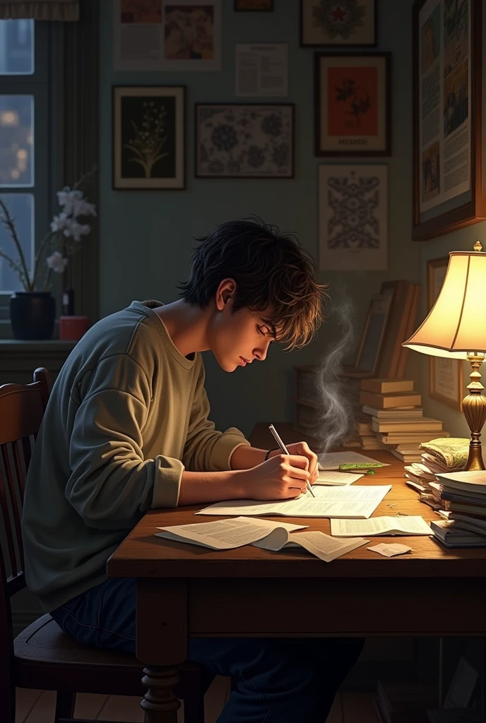 Sitting and writing while smoking a cigarette male animation young adult