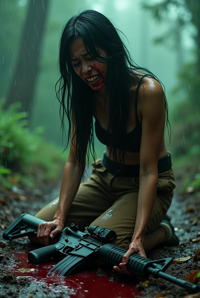 A Thai woman with long black hair in a hiking outfit, brown tight pants, her body is covered in blood, while the left side of her face has turned into a tiger's mouth with fangs, in agony, kneeling in a kneeling position, with green light in her eyes, beside her is an M16 rifle and blood stains on the ground, amidst the rainy atmosphere.