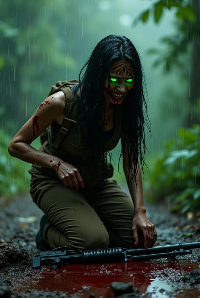 A Thai woman with long black hair in a hiking outfit, brown tight pants, her body is covered in blood, while the left side of her face has turned into a tiger's mouth with fangs, in agony, kneeling in a kneeling position, with green light in her eyes, beside her is an M16 rifle and blood stains on the ground, amidst the rainy atmosphere.