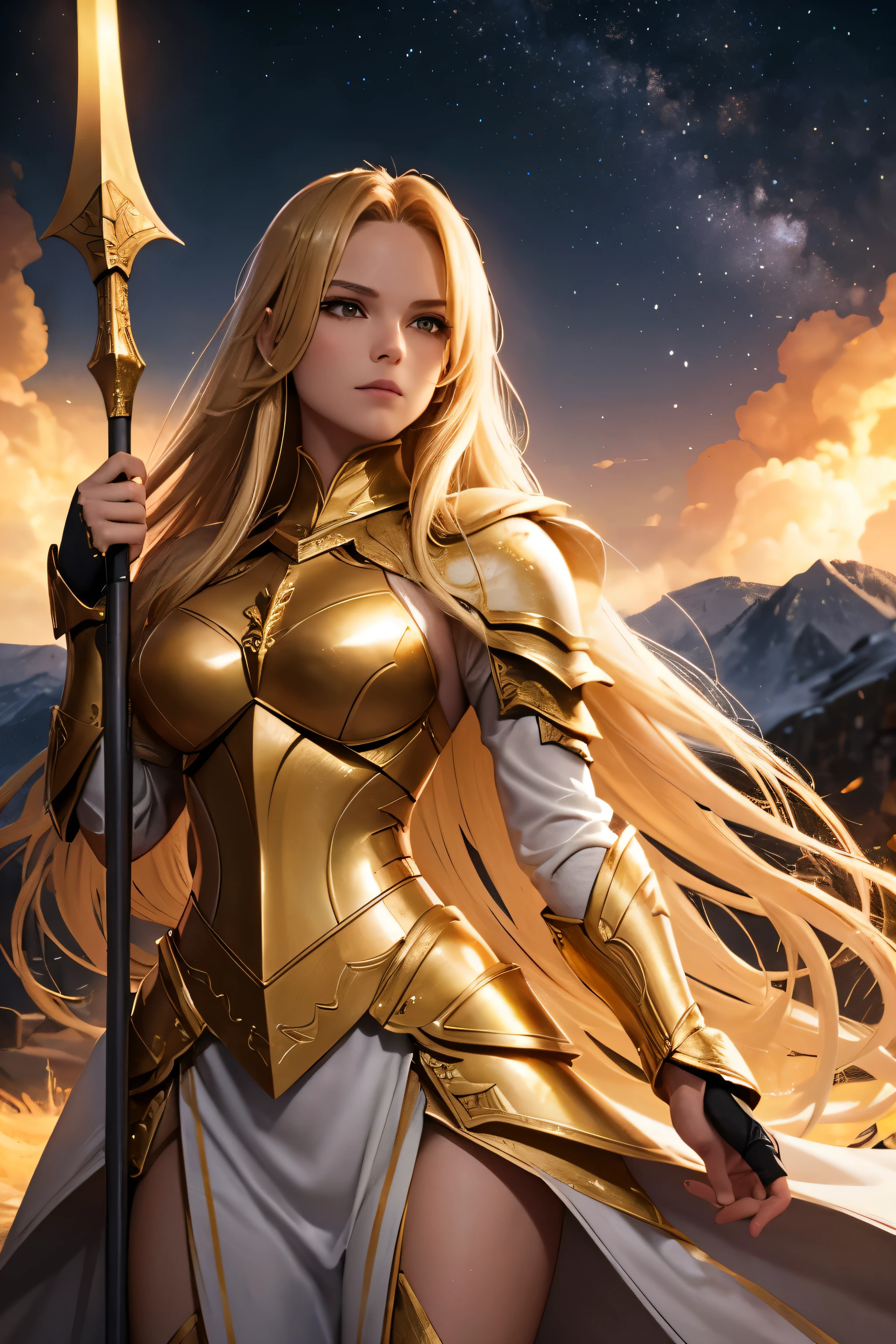 Woman, Golden Blonde Hair, Long Hair, White Battle Dress with Golden Armor, Long Spear shining with heavenly glow, Fierce battle stance, Standing in front of Dark mountain Castle