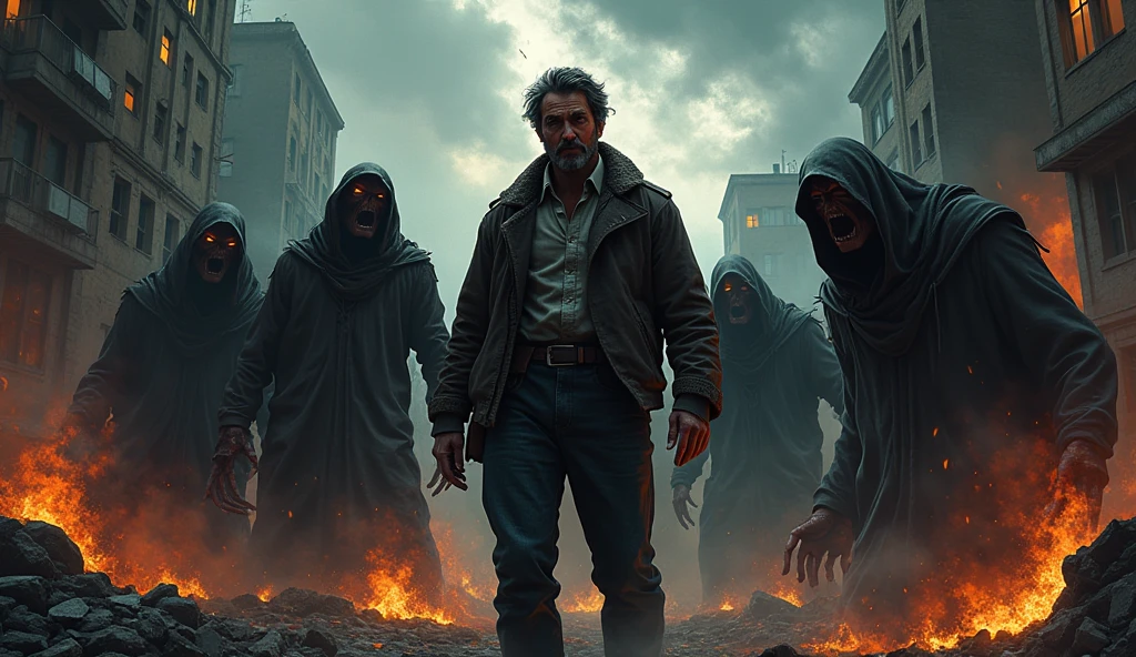 [Scene of violence or chaos, with Ieliya, 45-year-old man,In the middle, surrounded by frightening figures.] Create an image for a graphic novel 