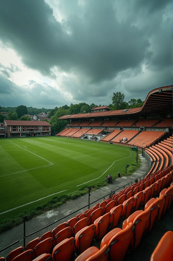 Old design of a soccer stadium, orange color, in a small town, cloudy weather, super realistic photo, high resolution