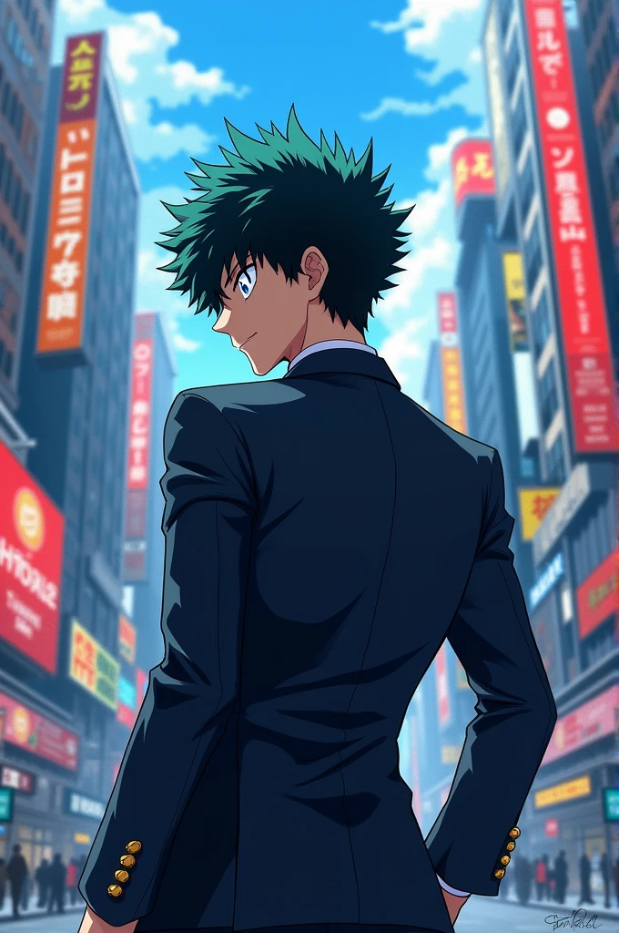 STYLE ANIME BOKU NO HERO, clothes a suit, Number 1 tattoo on the back of the hand, blue colored eyes.