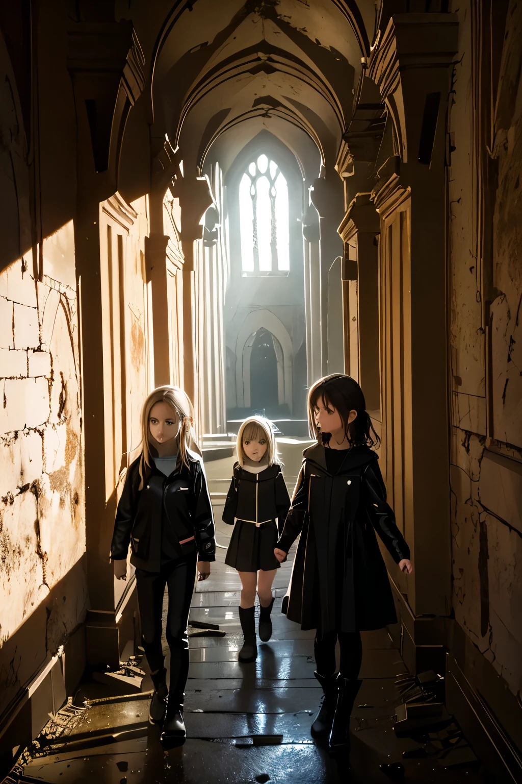 two nine-year-old girls and a fifteen-year-old girl explore a ruined abbey, dark atmosphere, spooky place, darkness, eerie shadows, ancient ruined medieval frescoes on the walls, wearing trousers and boots