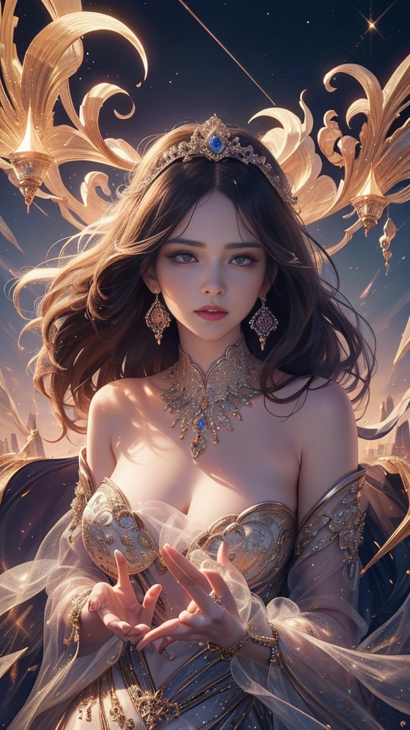 tmasterpiece, Highest high resolution，High-quality content, 8K quality photos with excellent detail, Perfect for presenting dynamic busts of 1 noble maidens, Do not appear on the hands，Delicate curves, bend your hair、Creates gorgeous and intricate fabric textures, Plain purple eyes, Delicate floral decoration, Sparkling Crystal Jewelry, Very focused and subtle details。