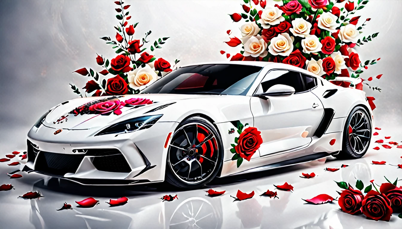 a picture of a (white sports car: 1.4) with (roses: 1.5) imprints on it, dynamic background, Ultra-high resolution, High Contrast, (masterpiece:1.5), highest quality, Best aesthetics), best details, best quality, highres, 16k, (ultra detailed: 1.5), masterpiece, best quality, (extremely detailed) RAW, (ultra details, Masterpiece, best quality),  oses
