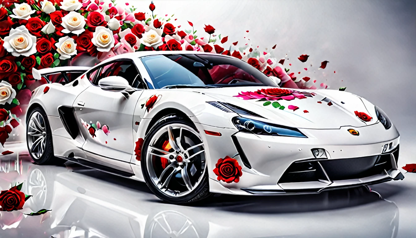 a picture of a (white sports car: 1.4) with (roses: 1.5) imprints on it, dynamic background, Ultra-high resolution, High Contrast, (masterpiece:1.5), highest quality, Best aesthetics), best details, best quality, highres, 16k, (ultra detailed: 1.5), masterpiece, best quality, (extremely detailed) RAW, (ultra details, Masterpiece, best quality),  oses