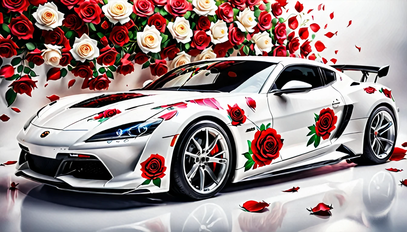 a picture of a (white sports car: 1.4) with (roses: 1.5) imprints on it, dynamic background, Ultra-high resolution, High Contrast, (masterpiece:1.5), highest quality, Best aesthetics), best details, best quality, highres, 16k, (ultra detailed: 1.5), masterpiece, best quality, (extremely detailed) RAW, (ultra details, Masterpiece, best quality), oses