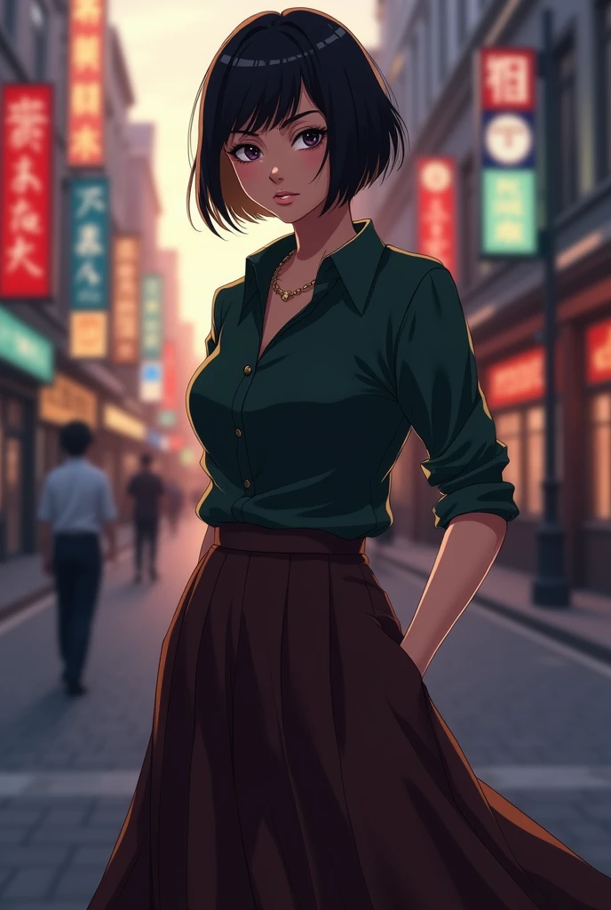 Adult woman, not smiling, serious face, beautiful, beautiful body, very short black styled hair, black eyes, dark green shirt, dark brown long skirt, anime art, masterpiece, realistically, anime art, masterpiece, realistically