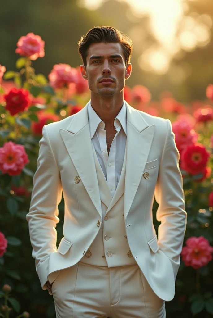 masterpiece, of the highest quality, (Focus only), (perfect face:1.1), (High detail:1.1), (Hyper detailed eyes), dramatic, 1 chico, (Pale skin), for the largo y blanco, ethereal eyes, (light eyebrows), Alone, for the largo, JTiago Azevedo, officer, evening, white luxury suit, sensual lips, for the, proud expression,garden, detailed background, art by artgerm, cinematic lighting, rose, fashion, BalenciagaStyle, NSFW
