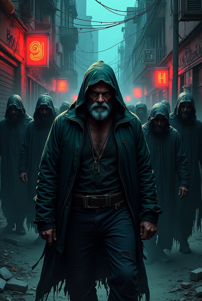 [Scene of violence or chaos, with Ieliya, 45-year-old man,In the middle, surrounded by frightening figures.] Create an image for a graphic novel 