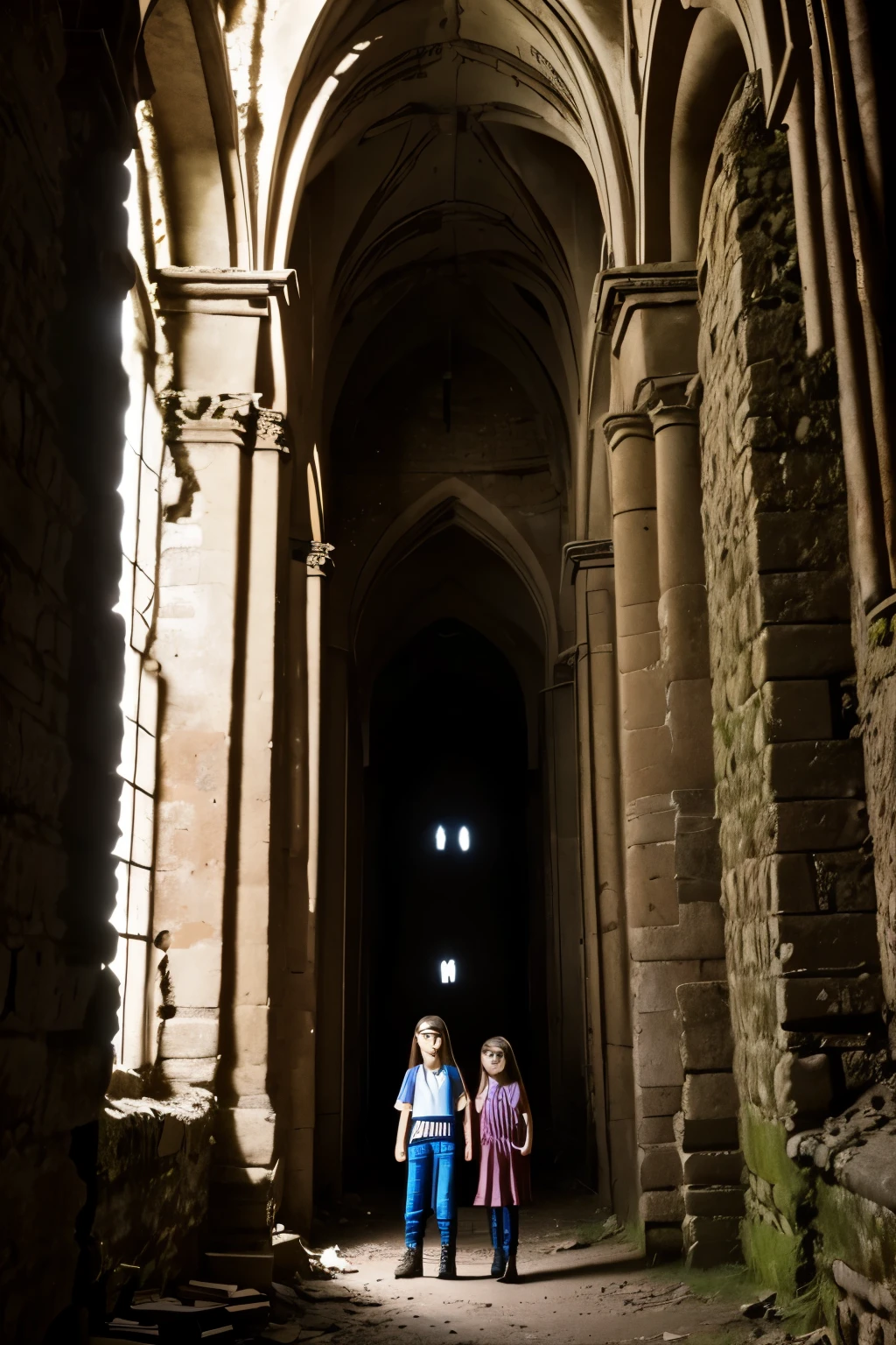 two nine-year-old girls and a fifteen-year-old girl explore a ruined abbey, dark atmosphere, spooky place, darkness, eerie shadows, ancient ruined medieval frescoes on the walls, wearing trousers and boots