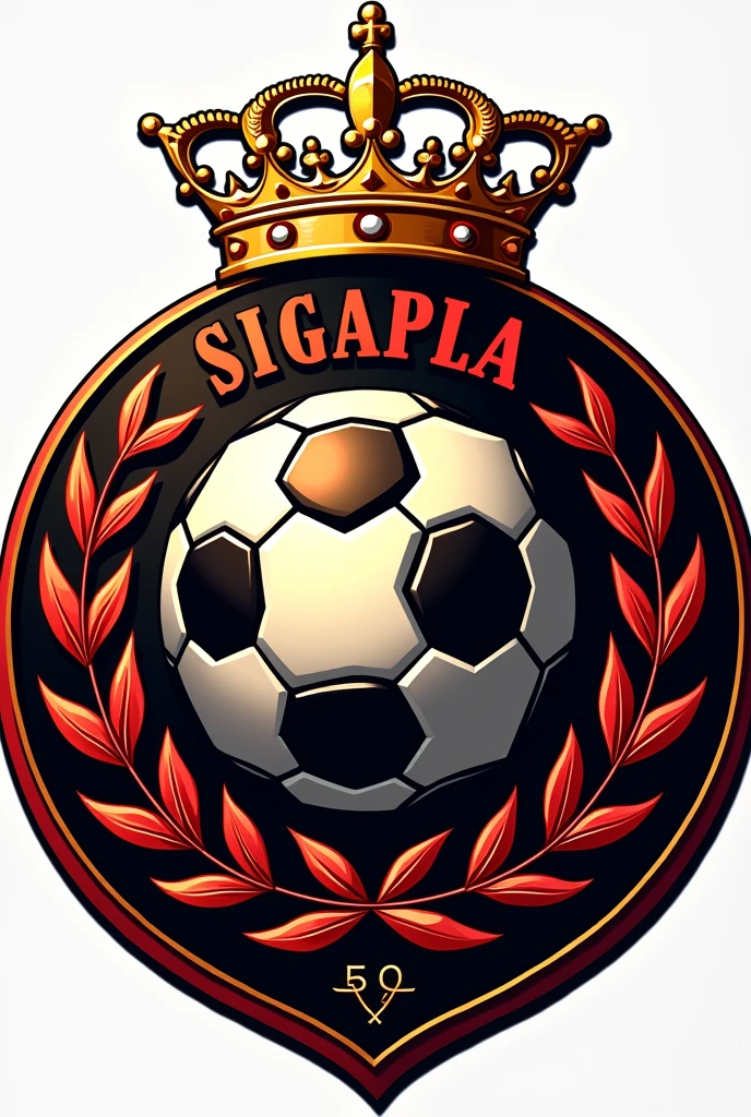 Round football team shield with crown on top and ball in the middle, name Siga La Pelota centered in red, black and gold colors.