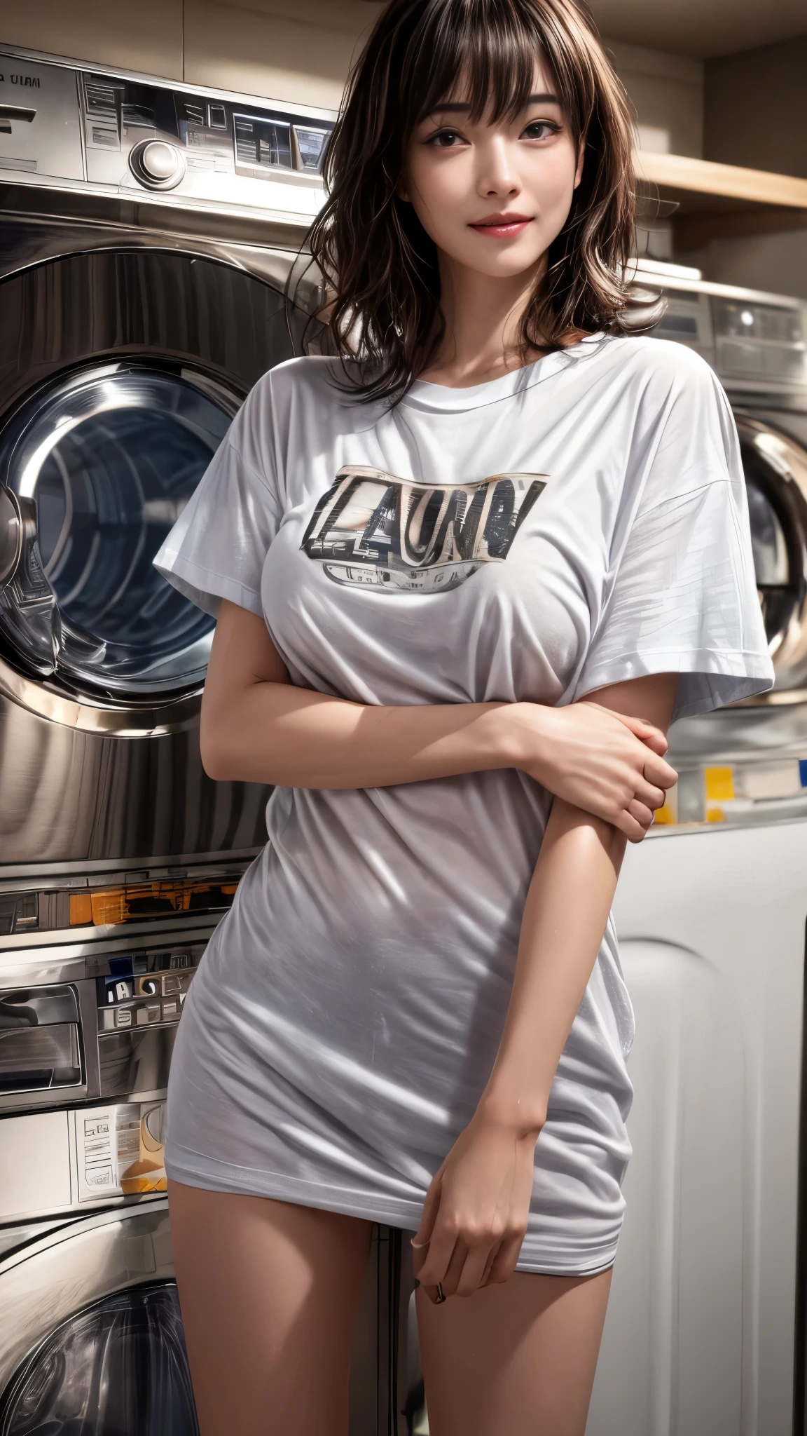 ((smile))、Cowboy Shot、1 person,((Very thin T-shirt))、(((Oversized T-shirt)))、((((Coin laundry)))),((hairs between eyes))、(Nipples are visible)、medium wavy hair、(((blunt bangs)))、((Big Breasts))、Very beautiful woman、Slender women、(Detailed face)、Realistic Skin、((Delicate photo))，(Girl Masterpiece RAW Photo Details:1.25), (Highest quality:1.6), (Ultra-high resolution:1.5), (Realistic:1.75),8k resolution, ,50mm,Absurd, Ultra-detailed,Cinema Lighting、