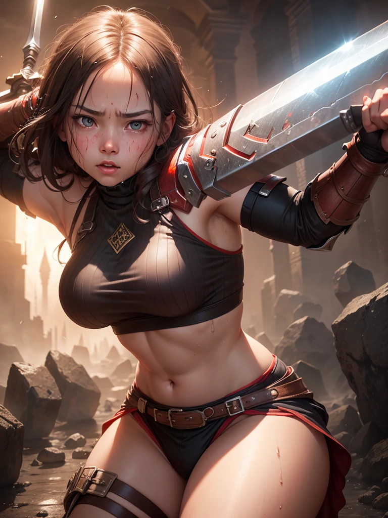 A girl with a giant weapon, Cute expression, Struggling to lift a huge sword, She puts all her might into it, Her face turns red, Drenched in sweat, Very wide shot, Realistic, 8k, Very detailed, Dramatic lighting, Warm color palette, Fantasy art style