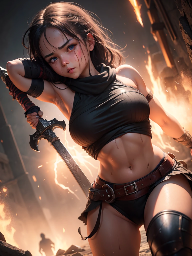 A girl with a giant weapon, Cute expression, Struggling to lift a huge sword, She puts all her might into it, Her face turns red, Drenched in sweat, Very wide shot, Realistic, 8k, Very detailed, Dramatic lighting, Warm color palette, Fantasy art style
