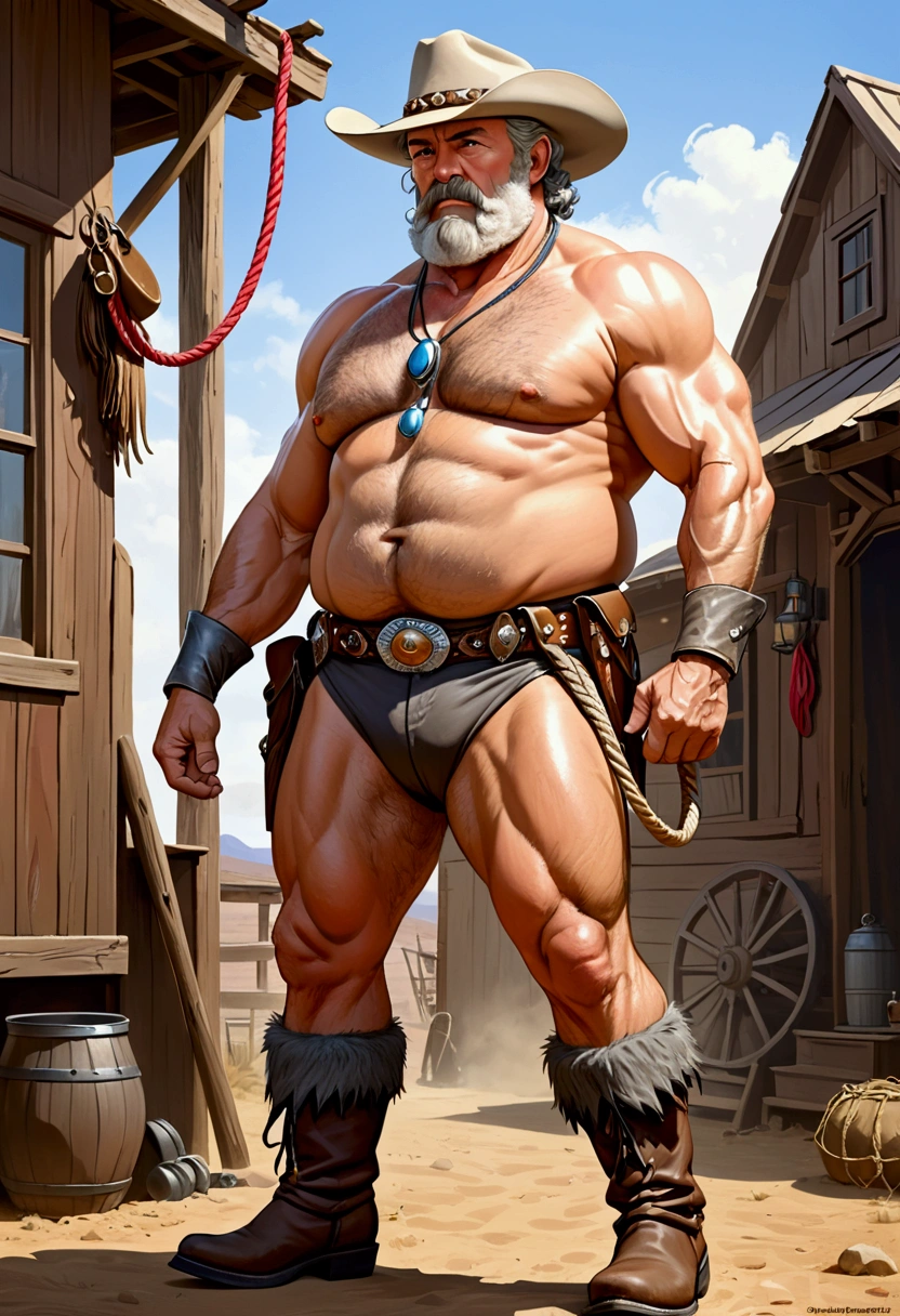 old stocky 60 year old muscular but chubby hairy cowboy, short gray beard, bushy gray chest hair and fat belly, big strong hairy arms and strong legs, bare buttocks, boots, untwisting lasso above himself, full length side view, wild west decoration,