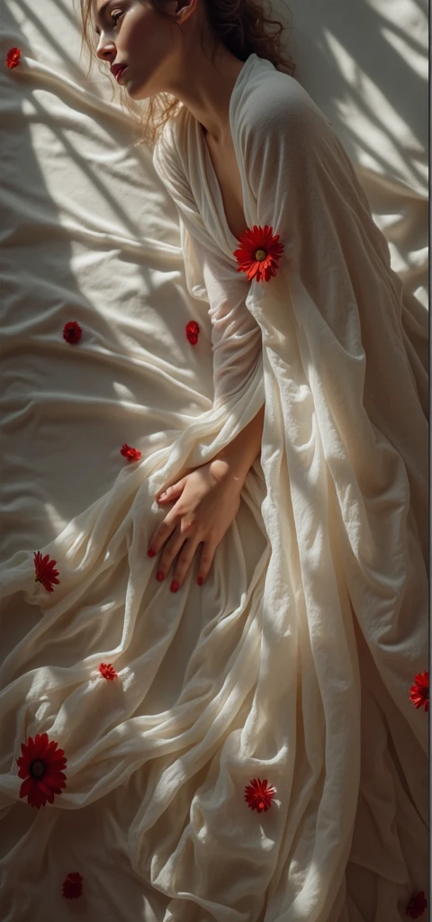 A photography show breaty girl lying on a bed covered with a white lace fabric ,red flower,close-up