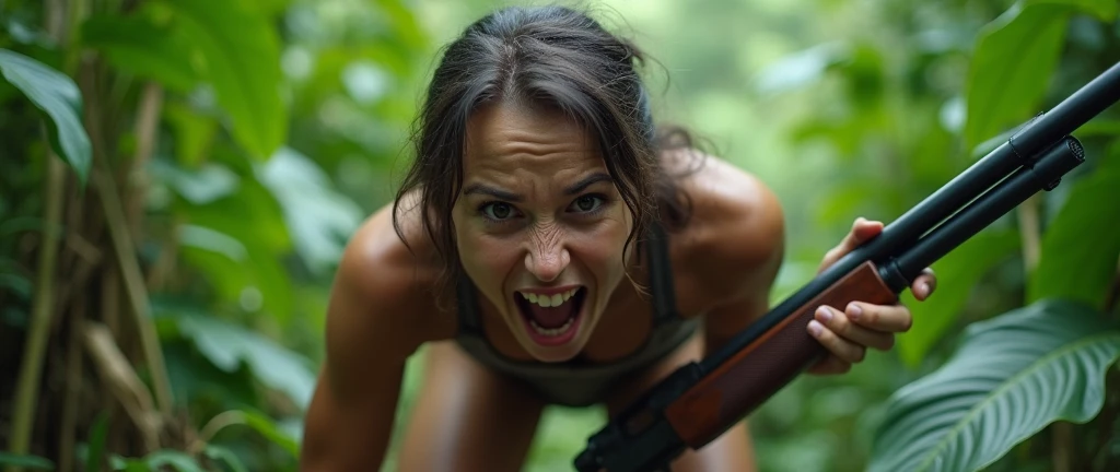 In the spirit of Planet of Apes, a masterpiece, hyper-detailed, a young (20 years old) Nude Woman modeled on Maisie Williams, Nude, with long unkept hair, physically fit body, perfect face with perfect eyes, running in terror through a lush temperate forest during the early morning hour, soaking wet