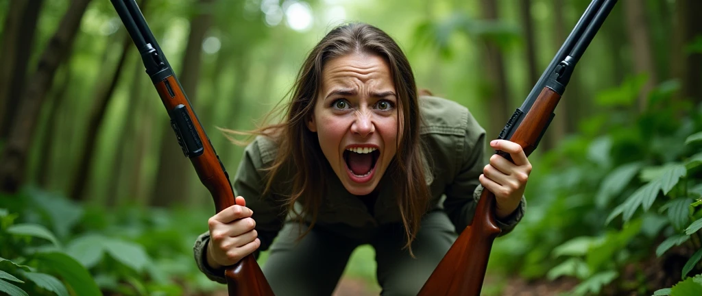 Face of painfull , Close-up , 1girl solo , She has long pants and a hunter's shirt , close-up , We see her from behind and in profile too. , Beautiful girl of 20 years old, she is a poacher, she has a big butt, she is in the middle of the jungle with the rifle in her hand, she is Bent over looking back with a scare face and a lot of pain, she screams, He opens a lot of mouth and opens very much eyes to the fullest, in his tight pants we see a great hole at the butt , a great hole is seen in his Pants in butt área , and part of her buttocks are at sight with severe damage py a shotgun blast , All this is in a comedy Slapstick tone, it simply has to be funny. HD 4K, cinematic