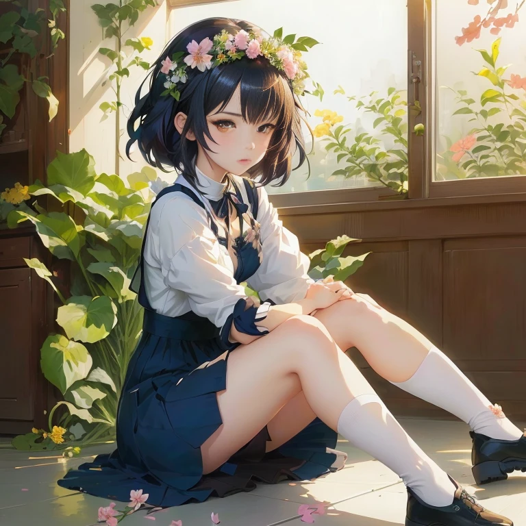 anime girl sitting on the floor with her legs crossed, anime moe artstyle, artwork in the style of guweiz, guweiz, guweiz on pixiv artstation, anime visual of a cute girl, cute anime girl, young anime girl, in dress, guweiz on artstation pixiv, sitting with flowers
