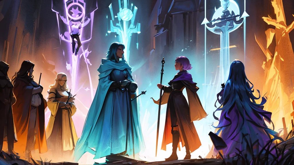 A collage-style background image featuring a group of strong and diverse women characters from different fantasy genres. Each woman represents a different archetype, including a warrior with armor and a sword, a mage with a staff, a rogue with a dagger, and a queen in elegant robes. The characters should be depicted in dynamic poses, each with distinct clothing that reflects their role, such as medieval armor, mystical robes, or sleek, stealthy attire. The background should be subtle, allowing the characters to stand out, with a soft gradient or abstract design. The color palette should be rich and varied, with deep tones that complement each character's design.
