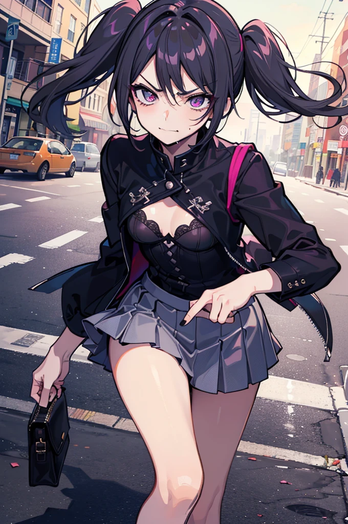 (best quality:1.2), (highest quality:1.2), (perfection:1.1), (flawless:1.1), urban street, 1girl, crazy girl, (serious look, dark look, disgusted look:1.2), (evil smirk:1.1), short height, blouse, short skirt, twin tails hair, small breasts, (best quality eyes:1.1), highly detailed, 8k, best quality resolution, (most beautiful upscale:1.1)