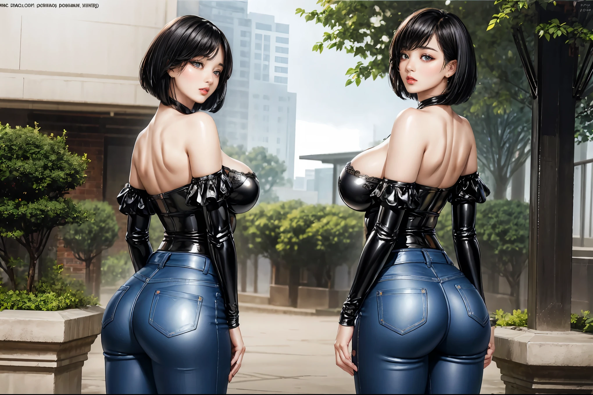 2 slim woman with big breasts wearing a very tight pvc off-shoulder wonderbra, pvc black jeans, standing in an alley, (best quality, 4k, 8k, high resolution, masterpiece: 1.2), ultra detailed, (realistic, photorealistic, photo-realistic: 1.37), vivid colors, beautiful detailed eyes, beautiful detailed lips, extremely detailed eyes and face, long eyelashes, long bob cut hair, portrait. beautiful rear butt view